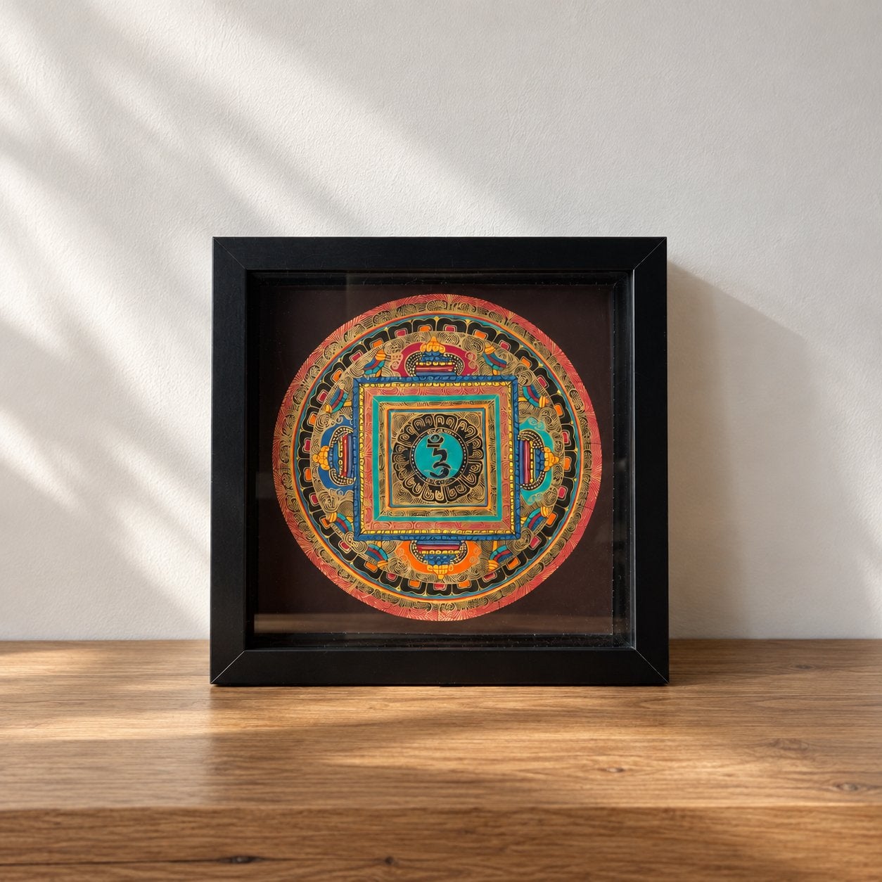 Ingelijste vintage mandala India 25 cm, Ritueel object, Handgemaakt, Textiel, Goud