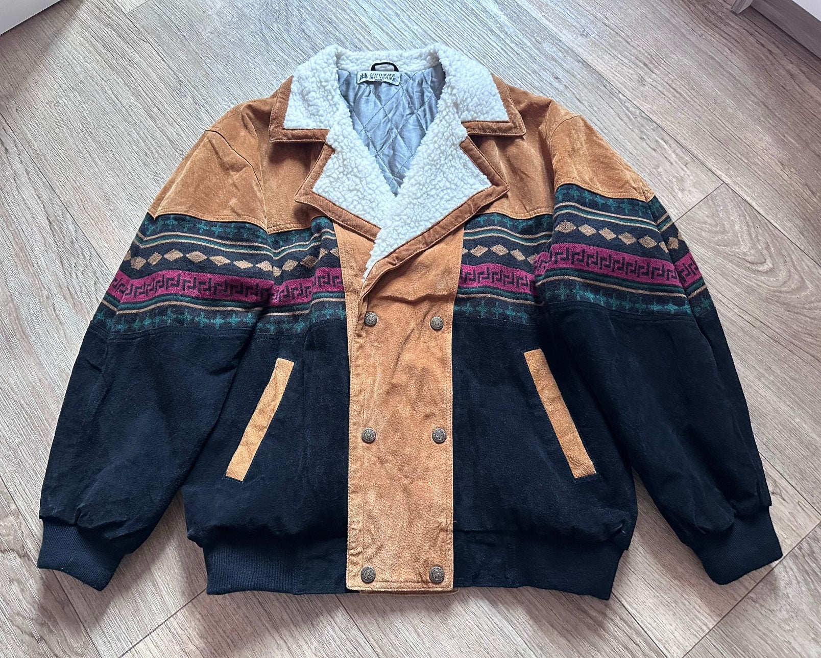 Vintage L'Homme Moderne Suède Aztek Bomberjack Leather  M/L, Ophalen of Verzenden, Gedragen, Maat 52/54 (L), Bruin