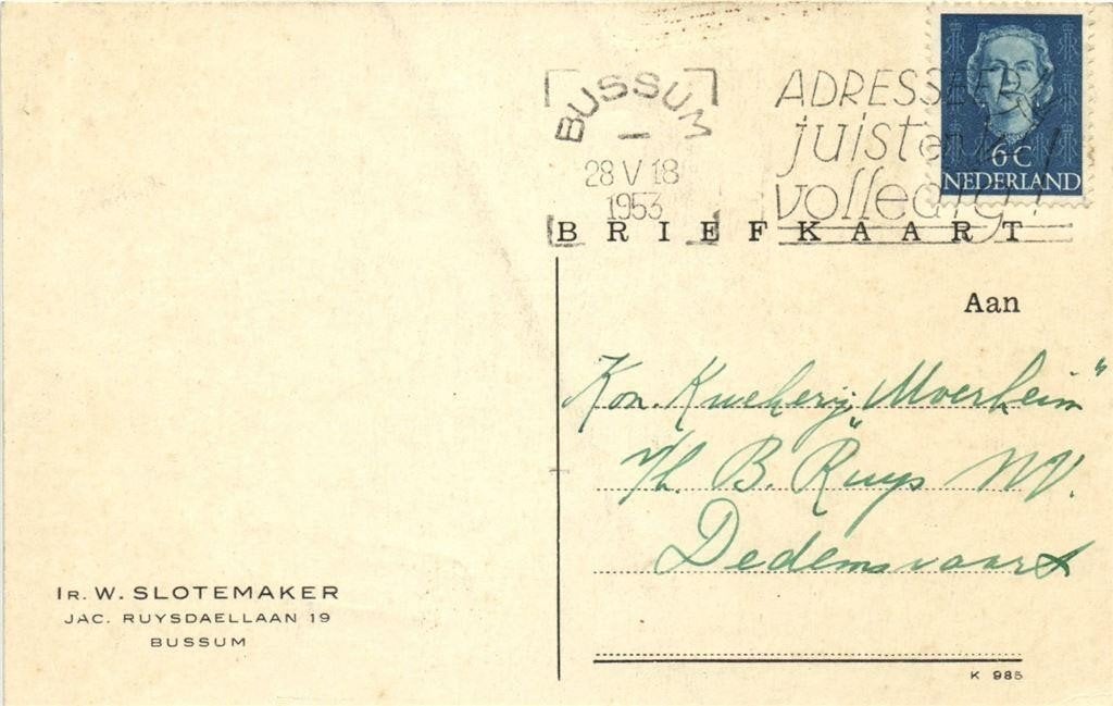 Ir. W. Slotemaker, Bussum - 05.1953 - briefkaart, Postzegels en Munten, Brieven en Enveloppen | Nederland, Briefkaart, Ophalen of Verzenden
