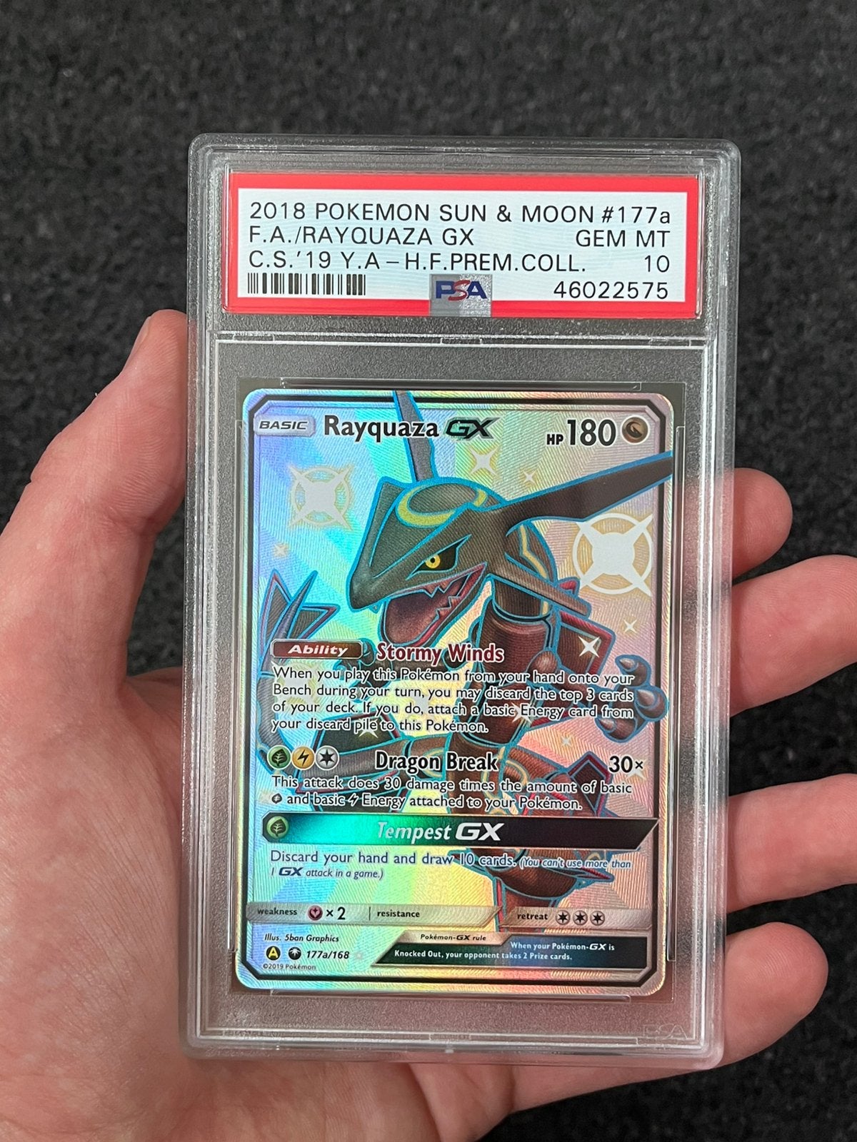 Pokémon PSA 10 Rayquaza GX #177a Sun & Moon premium, Ophalen of Verzenden, Zo goed als nieuw, Losse kaart, Foil