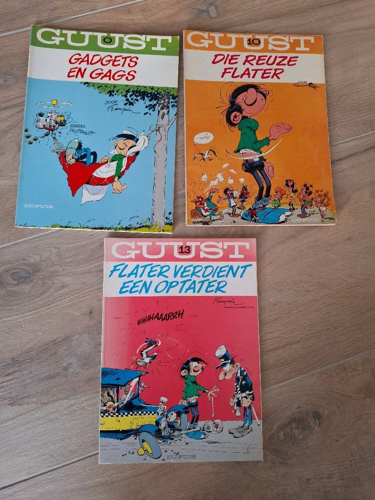 Guust Flater stripboeken 0, 10 en 13 – 3 delen, Meerdere stripboeken, Ophalen of Verzenden, Gelezen