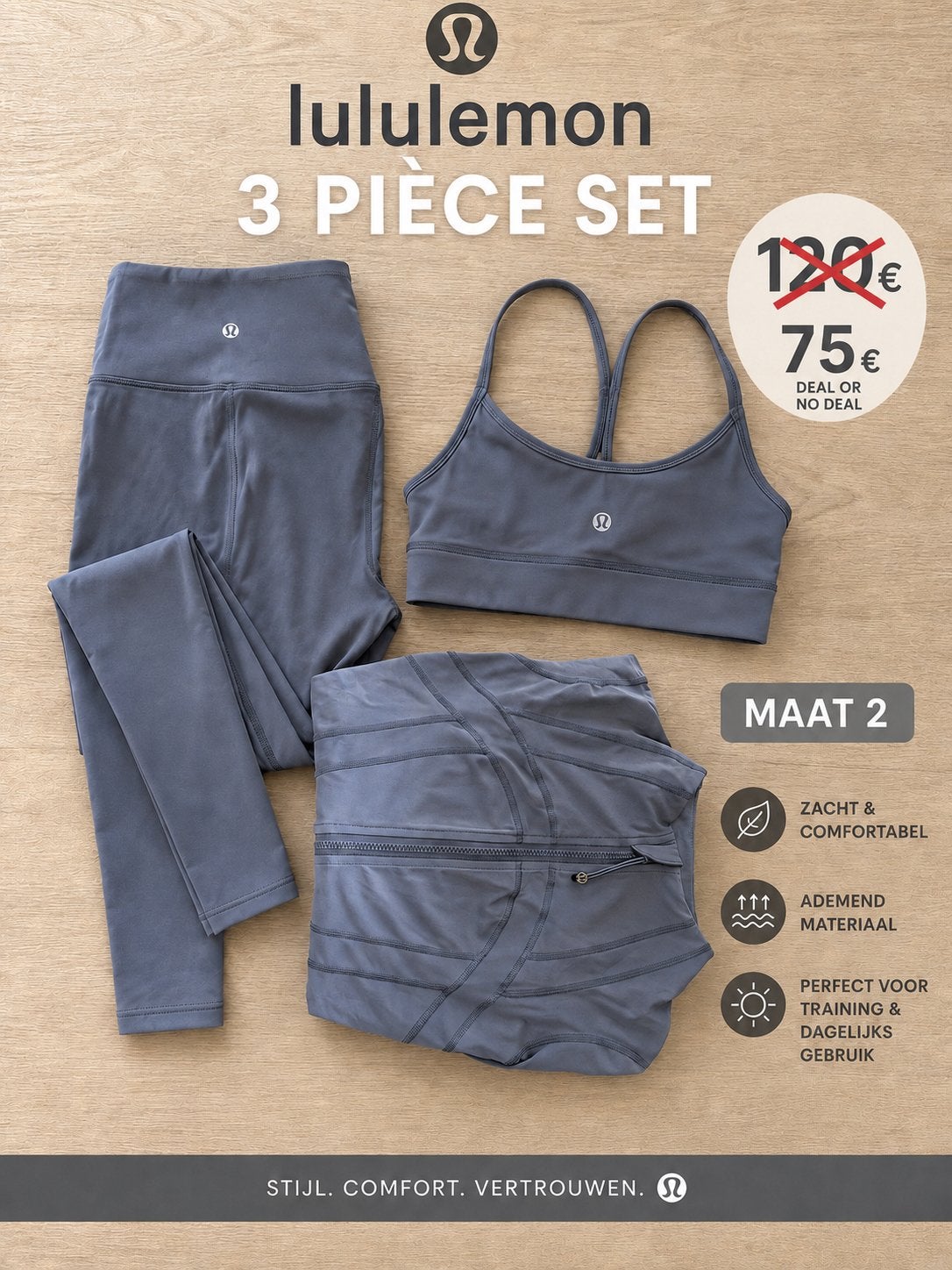 Lululemon 3-delige set - Maat 2, Nieuw, Ophalen of Verzenden, Fitness of Aerobics, Maat 36 (S)