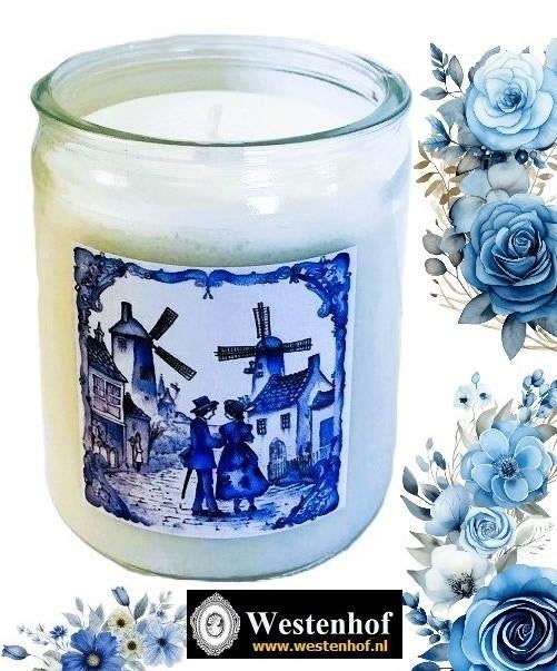 Kaars in glas - delfts blauw molen - man en vrouw Incl. tas, Overige materialen, Verzenden, Wit, Nieuw