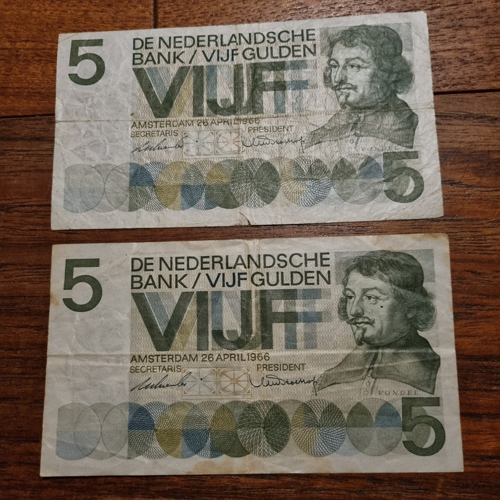 2 gebruikte 5 gulden biljetten - Vondel, Postzegels en Munten, Ophalen of Verzenden, 5 gulden, Setje