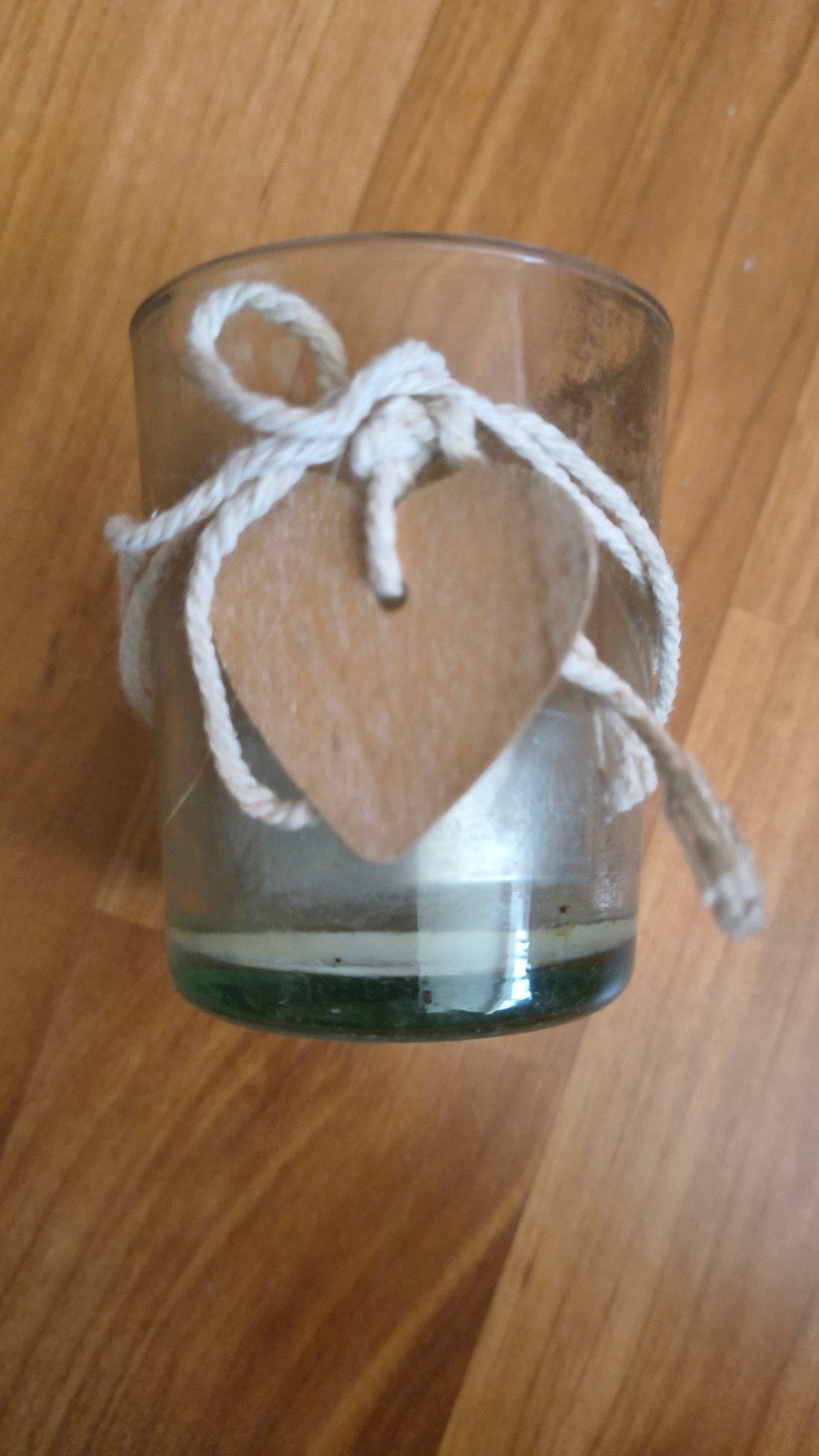 Glazen kaars met houten hartje, Ophalen of Verzenden, Kaars