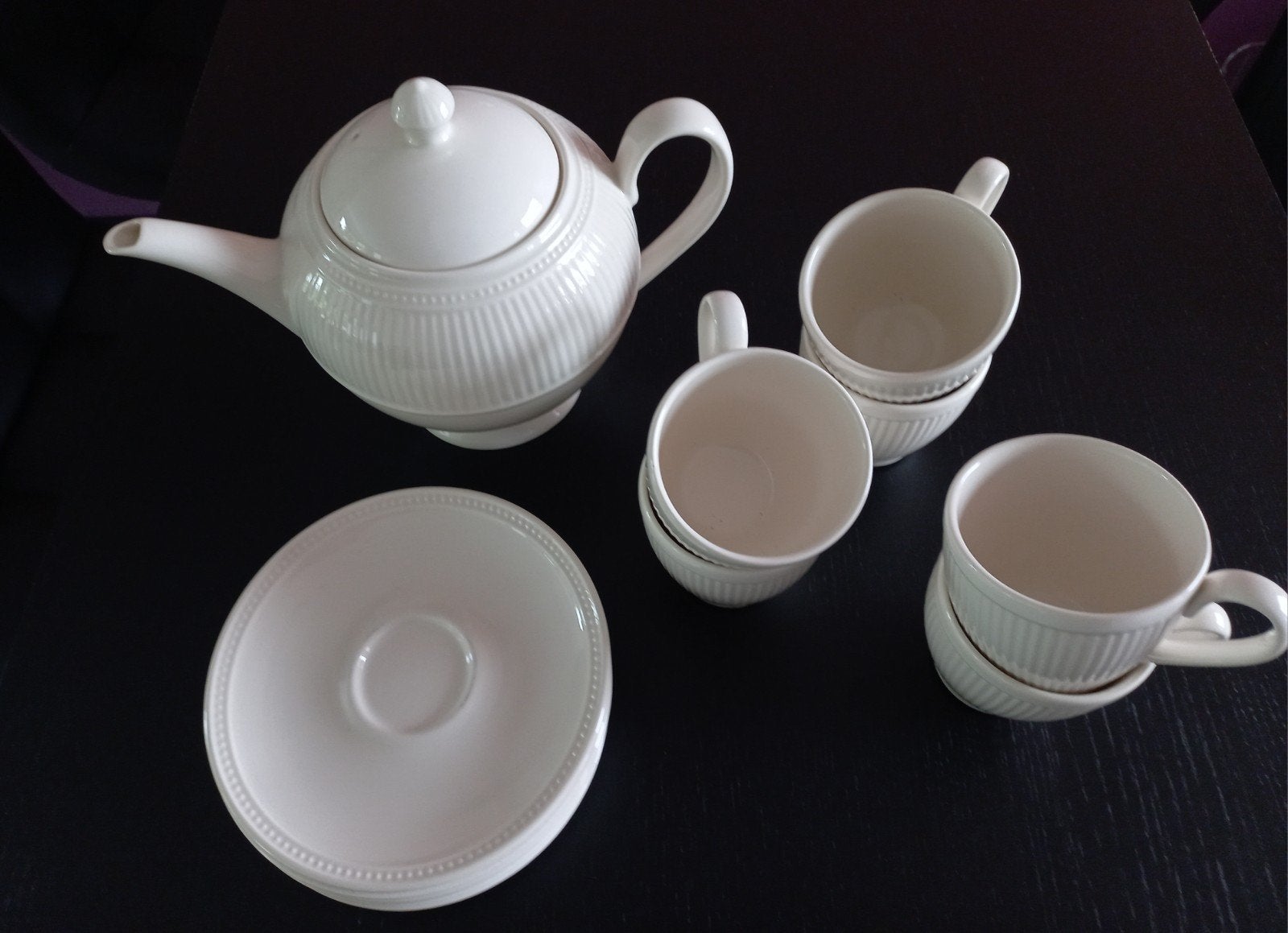Wedgwood Windsor theepot met 6 kop en schotels, Gebruikt, Ophalen of Verzenden, Wedgwood, Kop(pen) en/of Schotel(s)