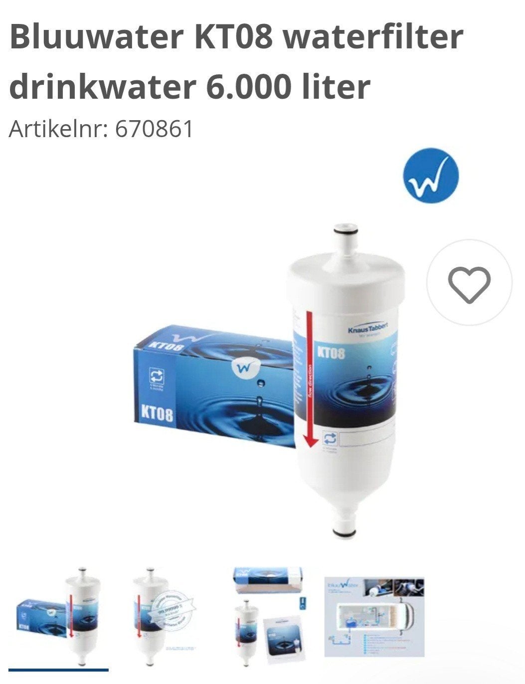 Bluuwater KT08 waterfilter voor drinkwater - 6.000 liter, Caravans en Kamperen, Ophalen of Verzenden, Nieuw