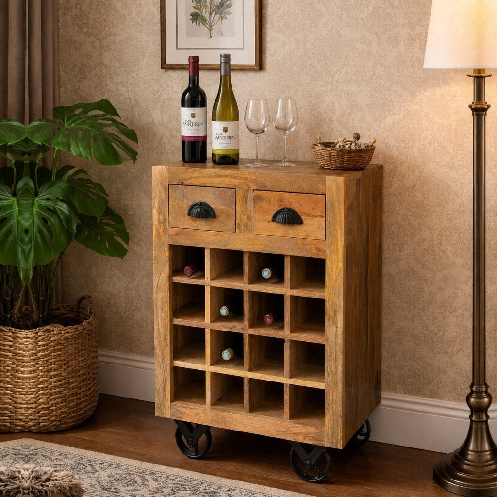 Industrieel Wijnkar Wijntrolley Mangohout Wijnrek  SHOWROOM, Info@dehanzeherten.nl, De Hanze Herten BV, 15 tot 25 flessen, Nieuw
