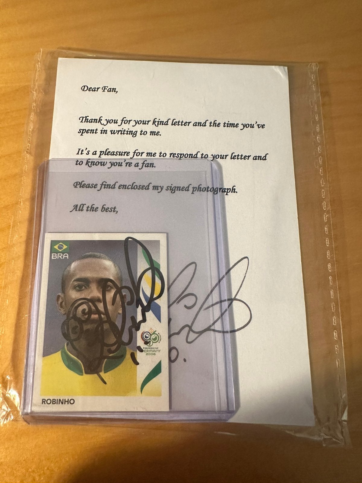 Robinho panini sticker WK 2006 gesigneerd + fan letter, Ophalen of Verzenden, Zo goed als nieuw, Buitenlandse clubs, Poster, Plaatje of Sticker
