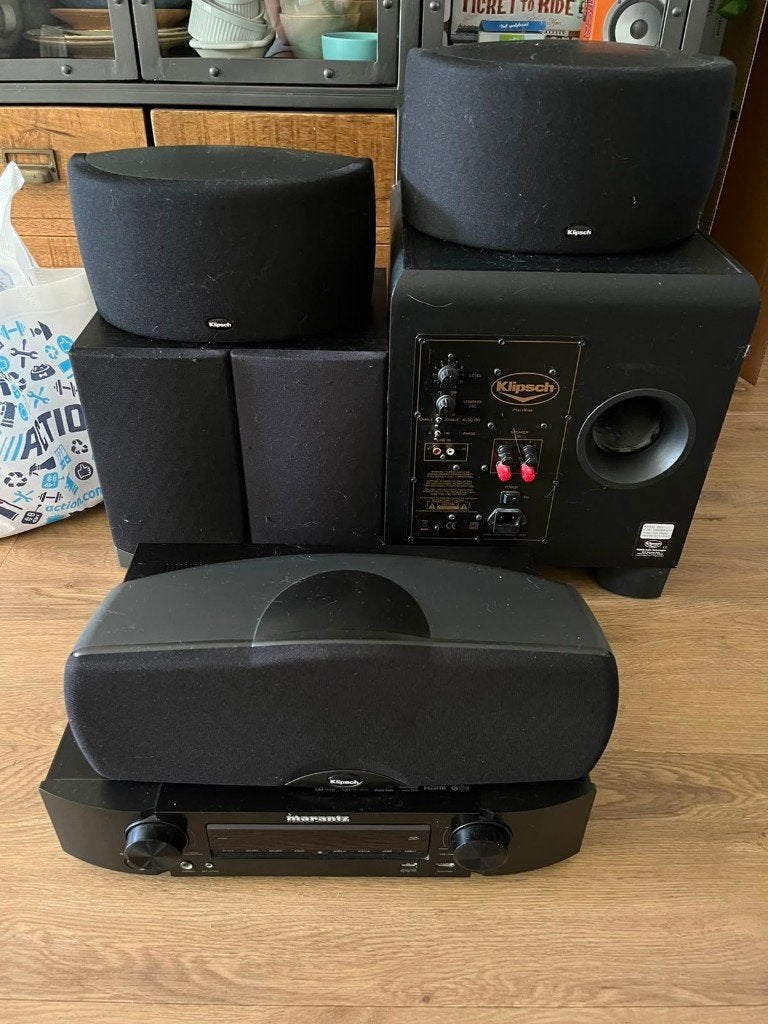 Marantz NR1603 zwart + Klipsch Synergy surroundset, Gebruikt, Complete surroundset, 120 watt of meer, Ophalen