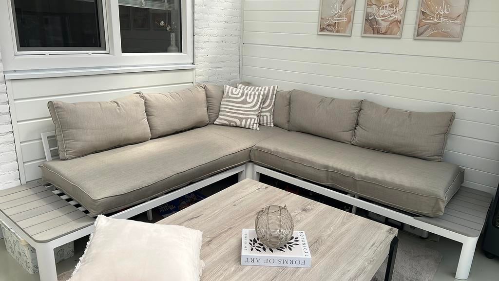 Aluminium hoekloungeset voor tuin wit met taupekleur kussens, Tuin en Terras, Tuinsets en Loungesets, Ophalen of Verzenden, Zo goed als nieuw