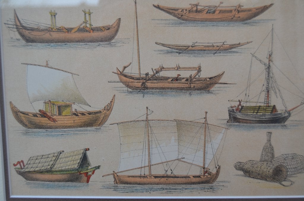 Gravure, aqua, dinges div. Mediterrane/Aziatische scheepjes, Antiek en Kunst, Ingelijst, Ophalen of Verzenden, Gravure, 38 cm