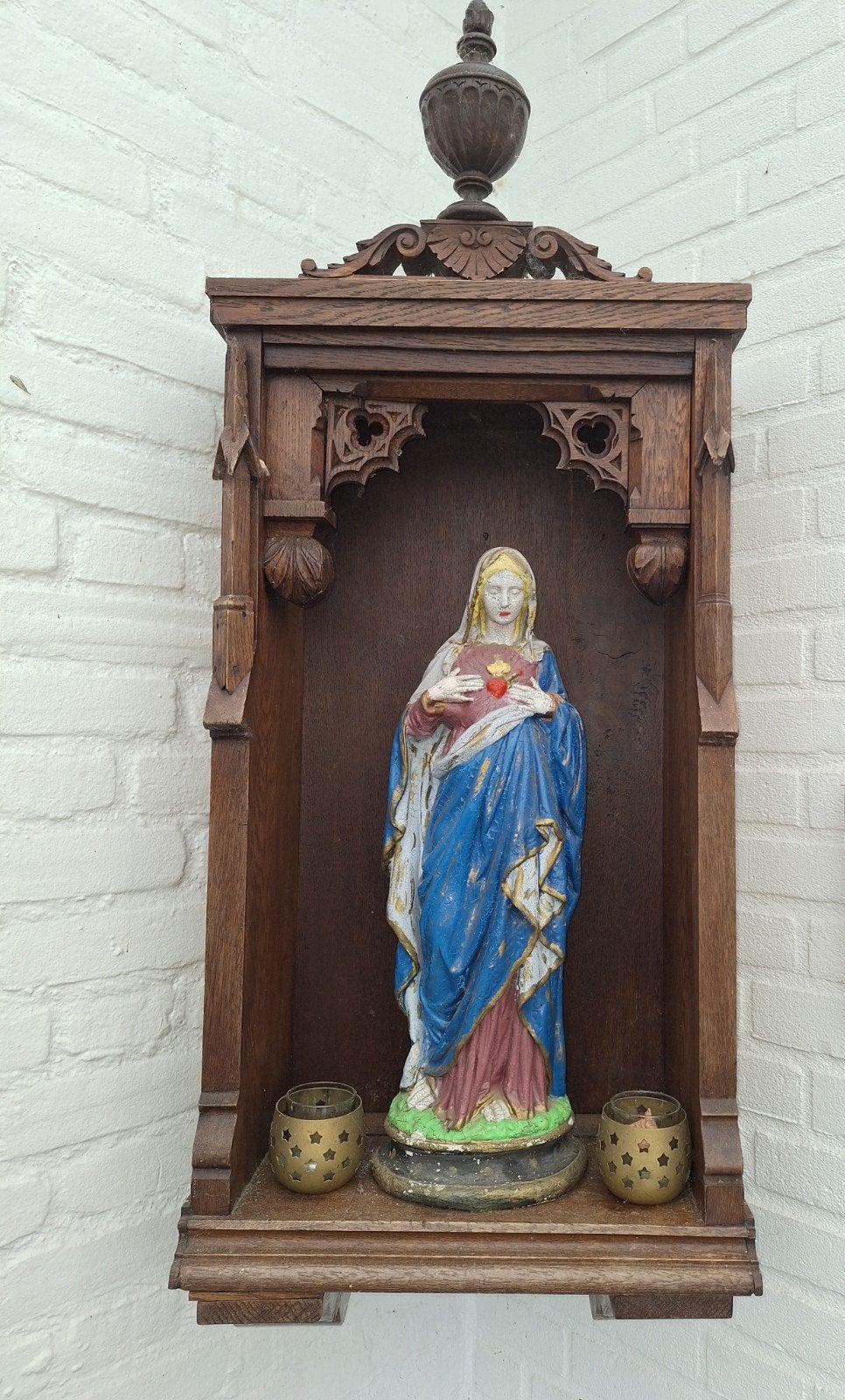 3 mariabeelden een met huiskapel  en een stolp  met kruis, Antiek en Kunst, Antiek | Religie, Ophalen
