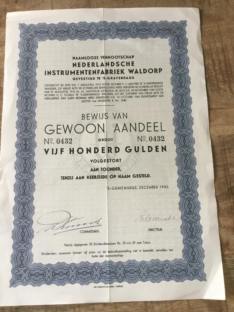 Aandeel Nl instrumentenfabriek waldorp 500 gld, 1943, Verzenden, 1920 tot 1950, Aandeel