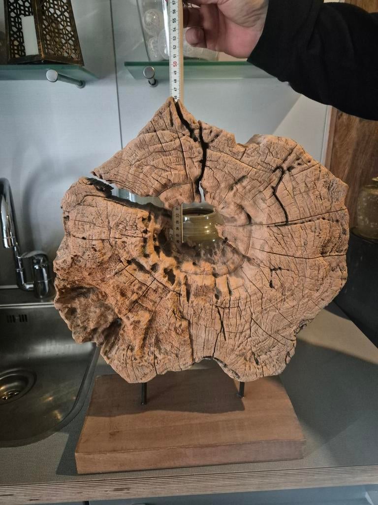 Unieke houten schijf decoratie op standaard, Ophalen of Verzenden, Gebruikt