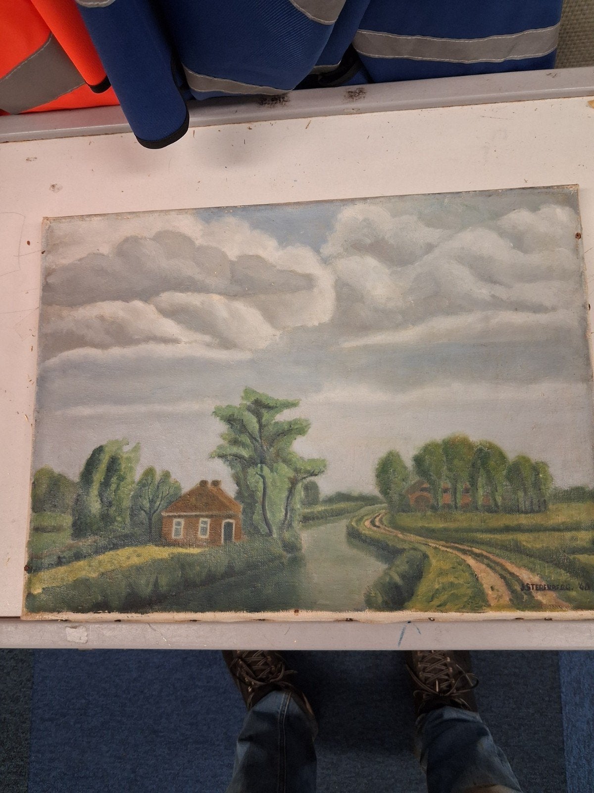 Oud schilderij van J. Sterenborg - Landschap met huis, Ophalen of Verzenden