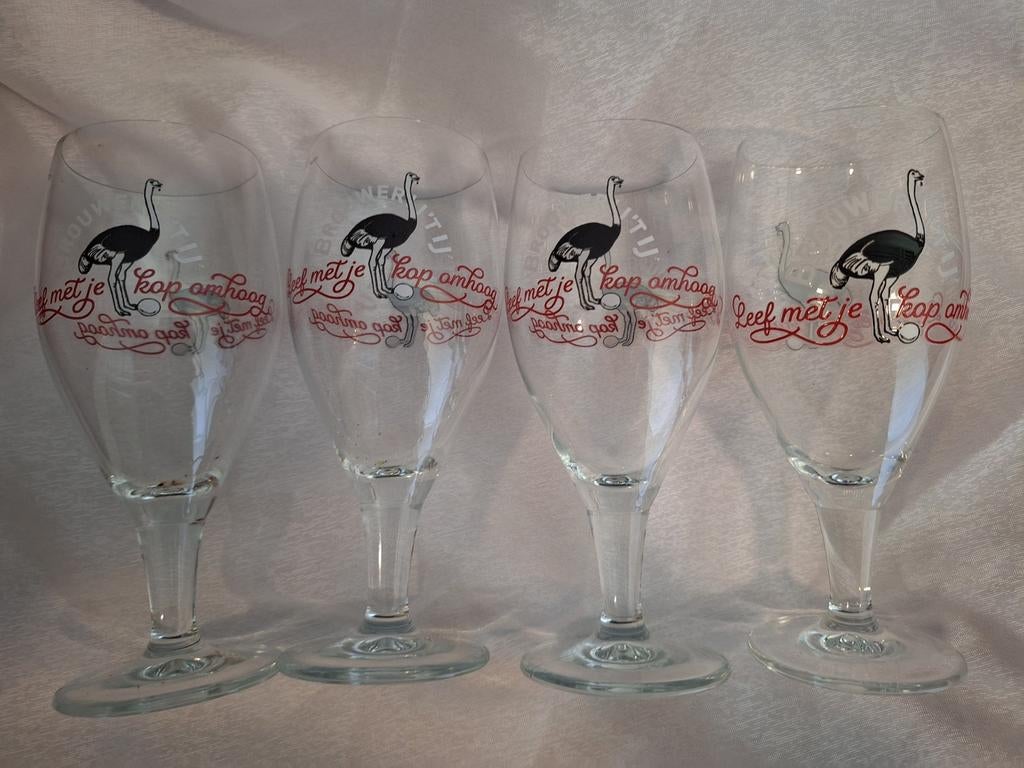BROUWERIJ T IJ leef je met je kop omhoog glazen, 4 stuks, Ophalen of Verzenden, Zo goed als nieuw, Borrel- of Shotglas