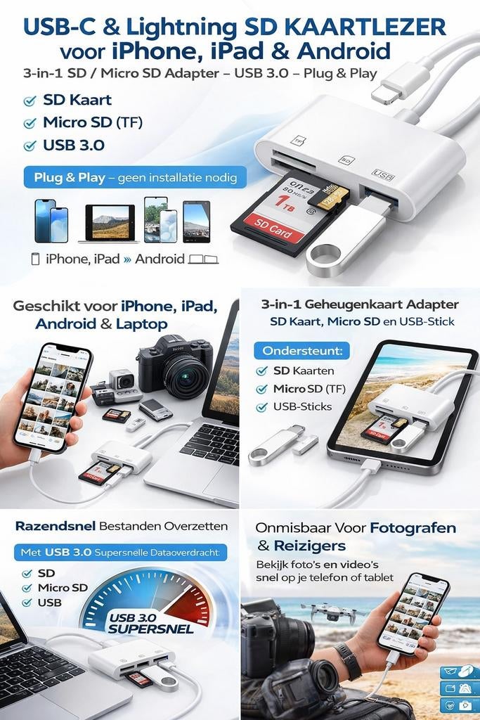 3-in-1 USB-C & Lightning SD Kaartlezer voor iPhone/iPad/Andr, Ophalen of Verzenden, Nieuw, Universeel