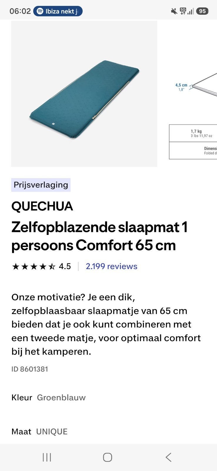 QUECHUA Zelfopblazende slaapmat 1 persoons Comfort 65 cm, Ophalen, Nieuw