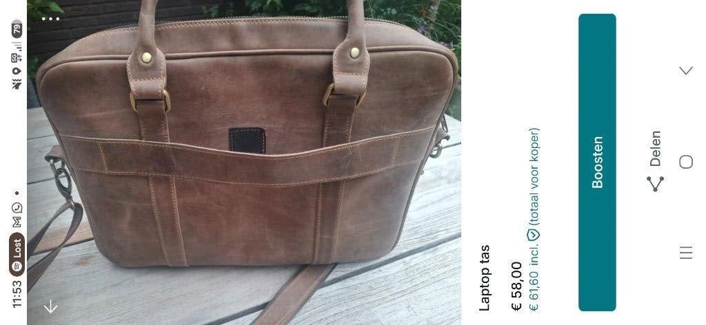 Leren laptoptas met trolleyfunctie - Handgemaakt, Bruin, 15 inch, Verzenden, Aktetas