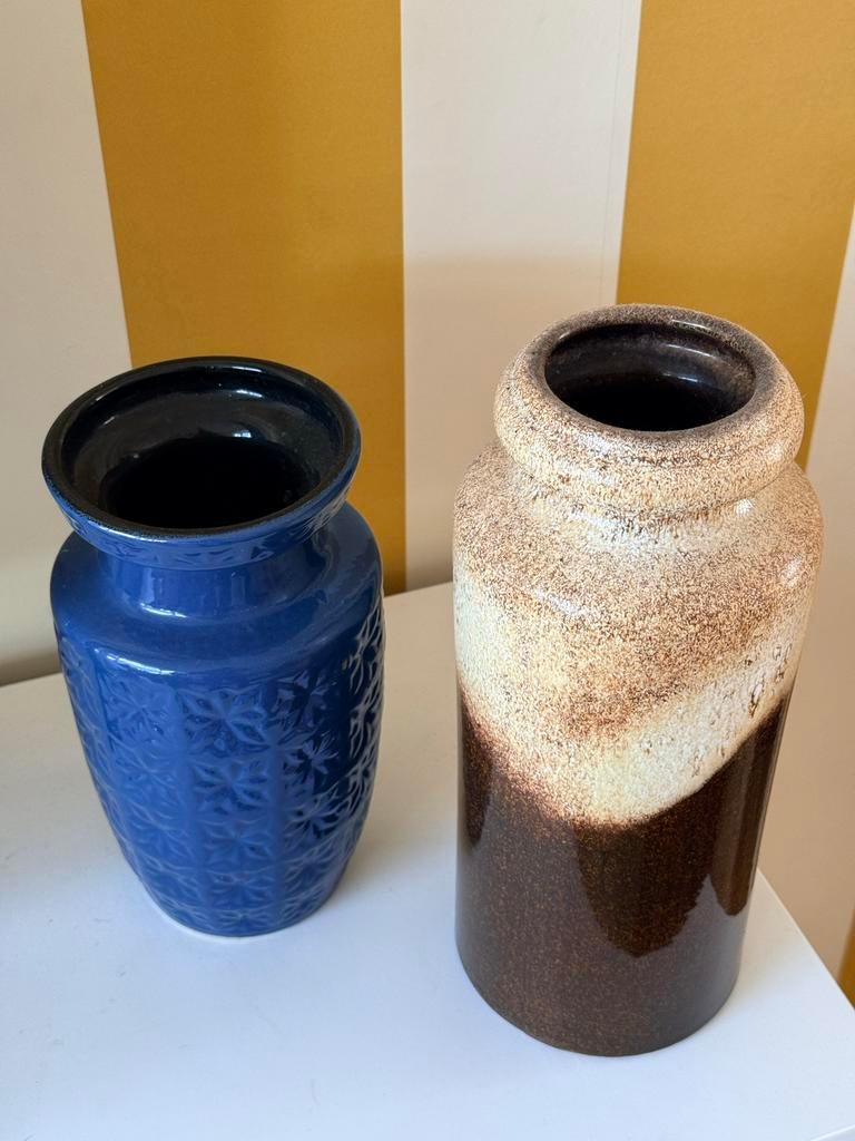 Vintage west-germany Vazen:Blauwe Fat Lava en Bruin-Crème, Ophalen of Verzenden, Zo goed als nieuw