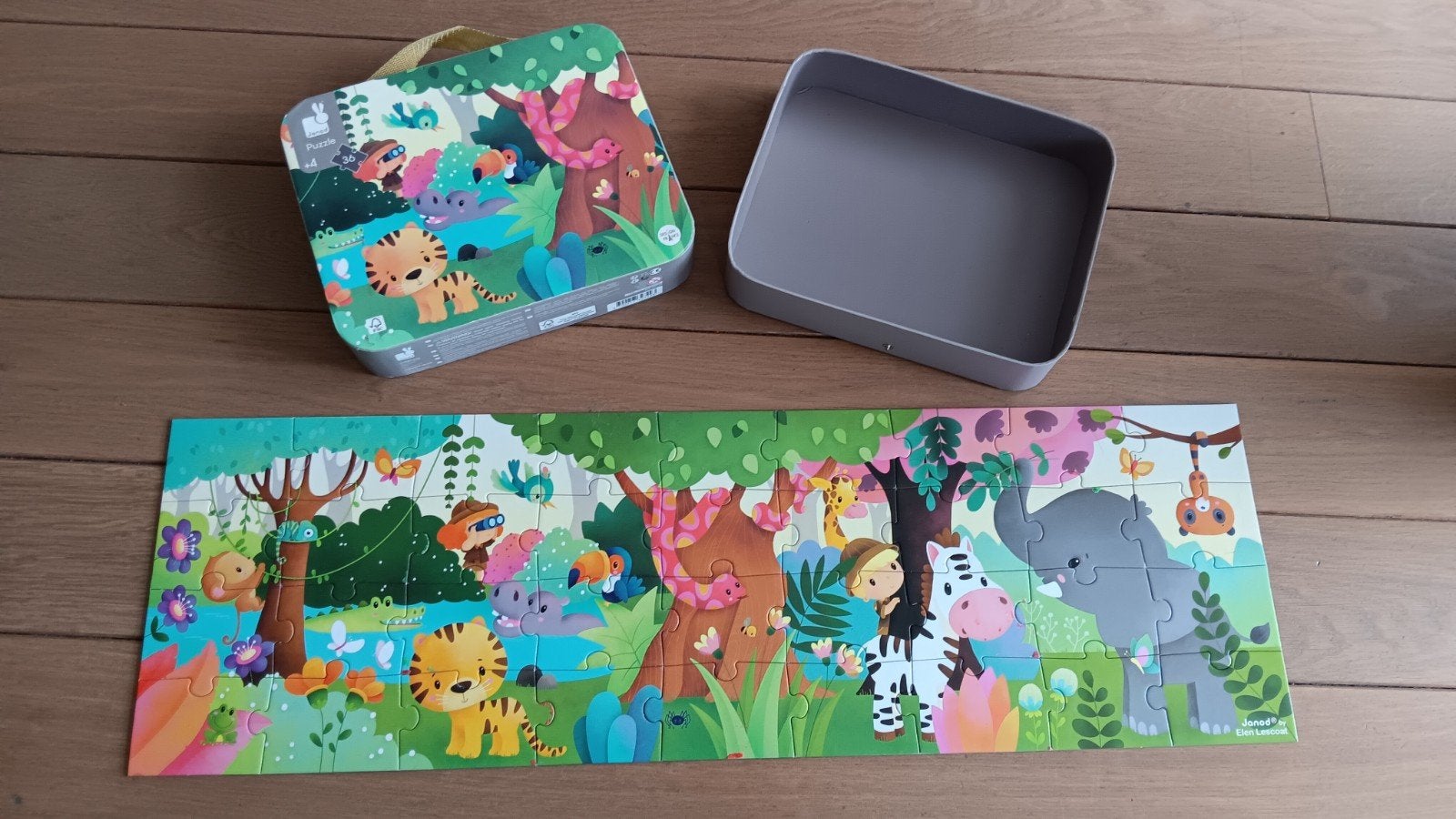 Janod Puzzel Jungle Dieren 36 Stukjes, Ophalen of Verzenden, 10 tot 50 stukjes, Zo goed als nieuw, 4 tot 6 jaar