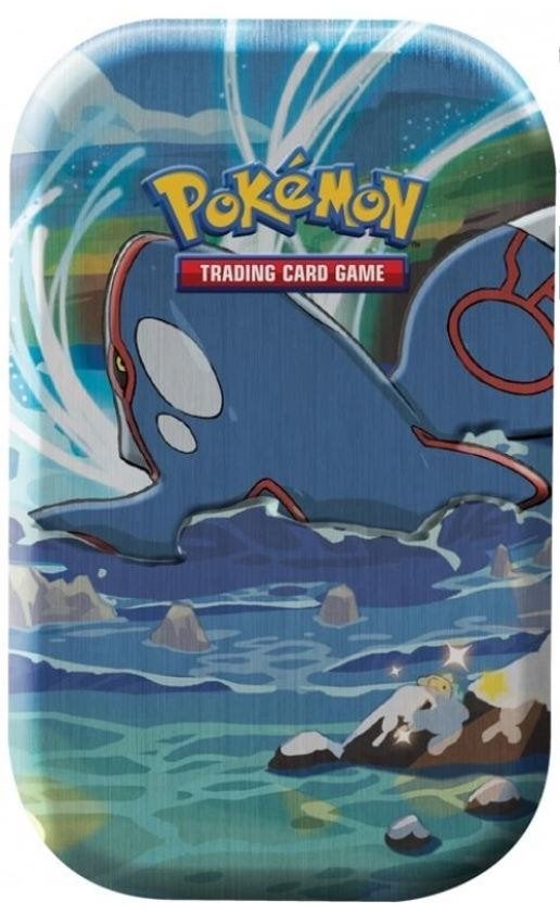 Pokemon - Lege Mini Kyogre Tin met mix 50 kaarten, Ophalen of Verzenden, Zo goed als nieuw, Meerdere kaarten, Foil