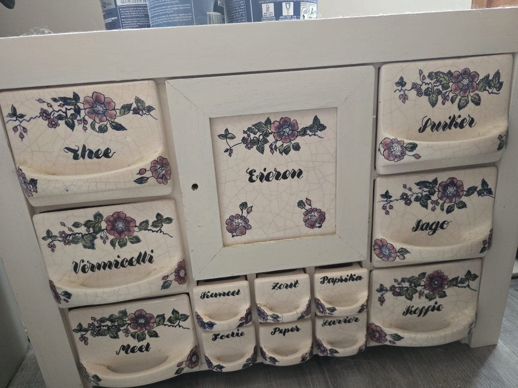 Vintage kruidenrek met keramische lades, Ophalen, Steen/keramiek, Wit, Overige merken