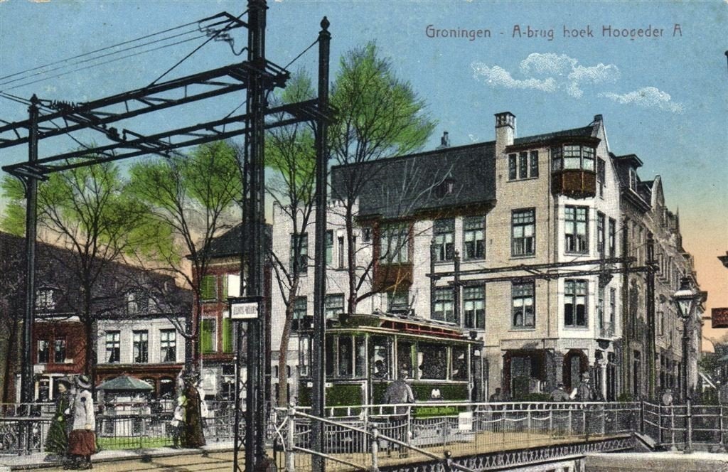 Groningen - A-brug hoek Hoogeder A - tram - 1916 gelopen, Verzenden, Voor 1920, Gelopen, Groningen