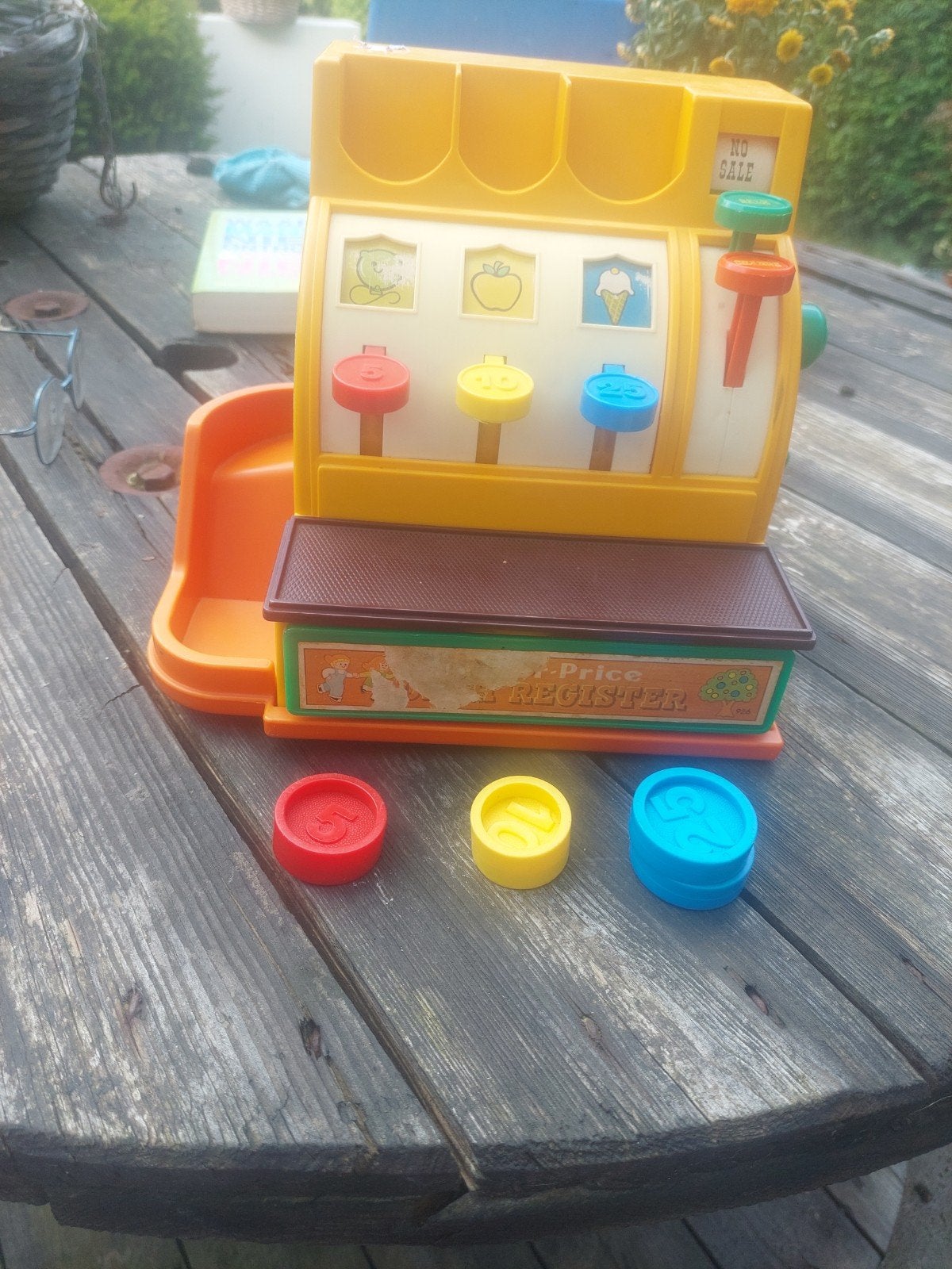 Vintage Fisher Price kassa met 4 muntjes, Ophalen of Verzenden, Gebruikt, Speelset