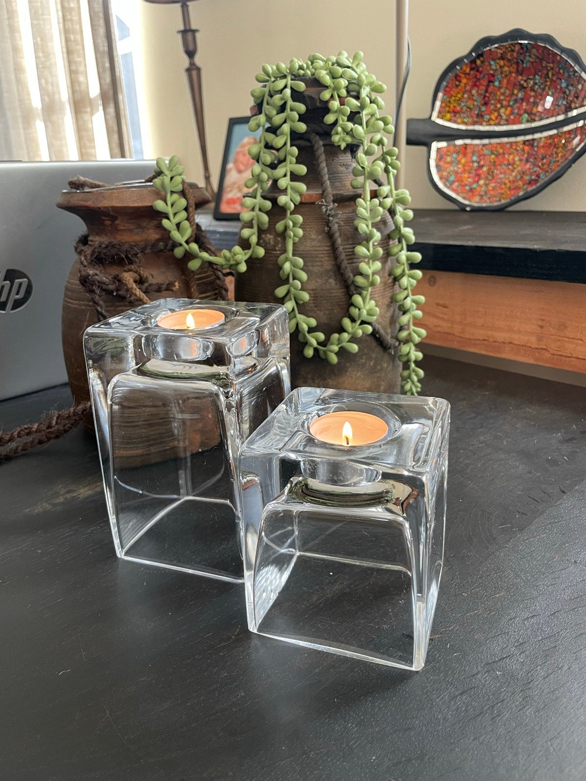 Set van 2 dik kristal glazen waxinelichthouders, Gebruikt, Waxinelichthouder, Ophalen of Verzenden, Glas
