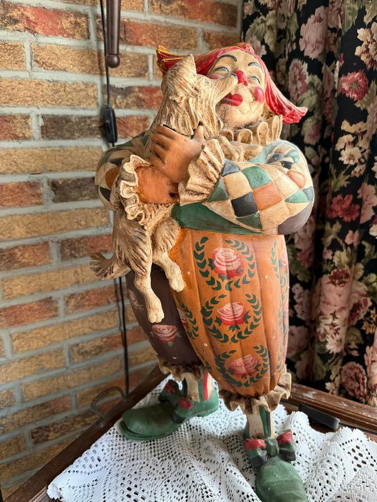 Vintage Clown Beeld met Hond - Handgeschilderd Decoratie, Verzamelen, Beelden en Beeldjes, Ophalen, Gebruikt, Overige typen
