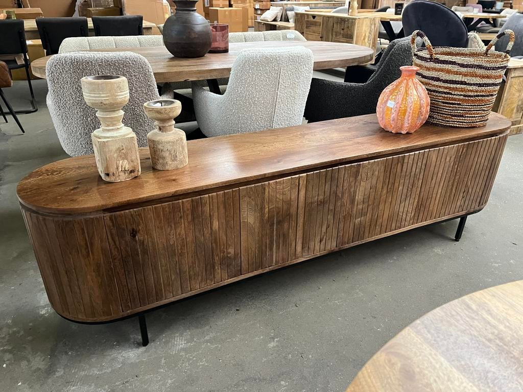 Magazijn leegverkoop tv meubel Noor retro mangohout ribbel, Huis en Inrichting, Woonaccessoires | Overige, Hout, Nieuw, Ophalen of Verzenden