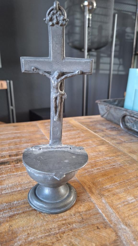 Antieke tinnen wijwater bakje, zie foto's, Ophalen of Verzenden