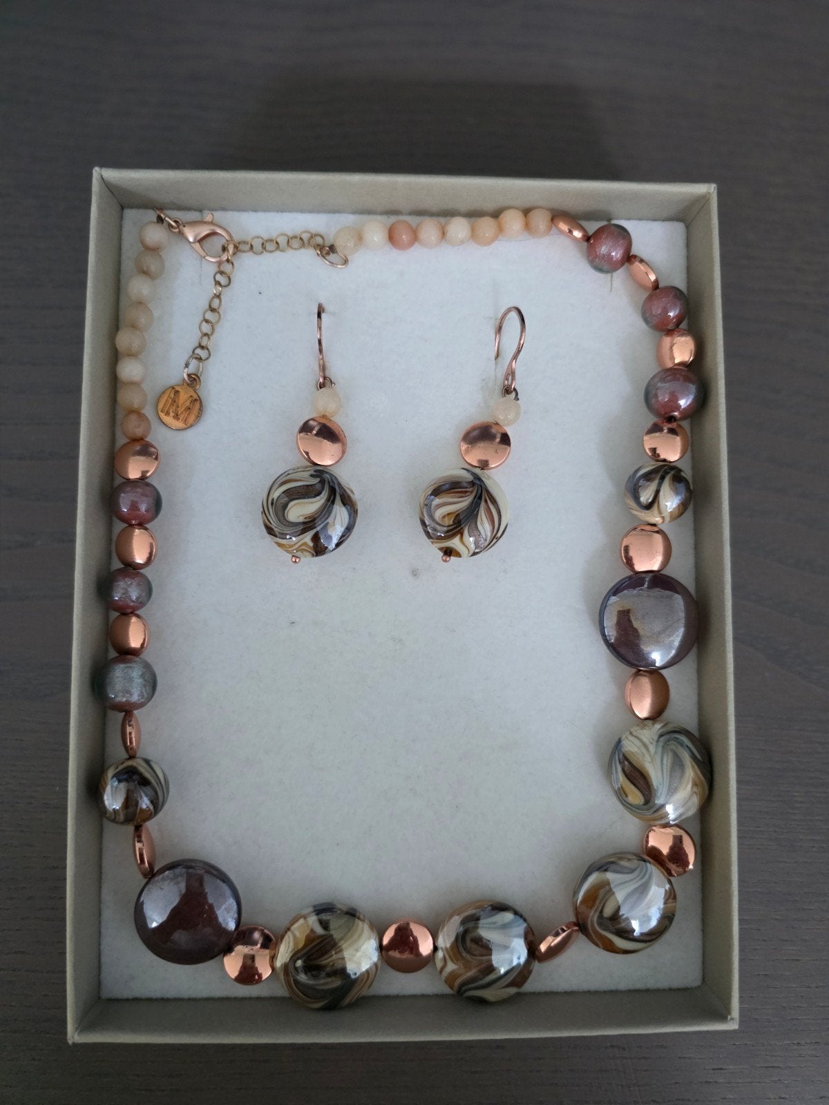 Murrina Murano Venezia ketting en oorbellen set, Overige materialen, Verstelbaar, Bruin, Ophalen of Verzenden