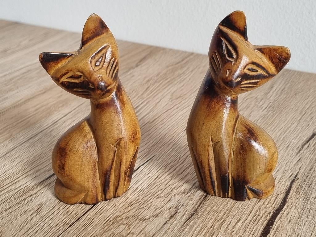 Mooie Set Vintage mid century Houten Katten beelden Siamees, Verzamelen, Beelden en Beeldjes, Verzenden, Gebruikt, Dier
