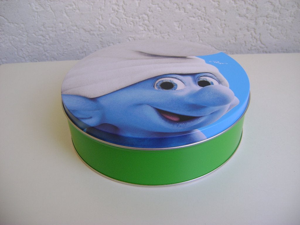 smurfen blik met grote smurf van 18rondx6cm hoog, Ophalen of Verzenden, Zo goed als nieuw, Grote Smurf, Gebruiksvoorwerp