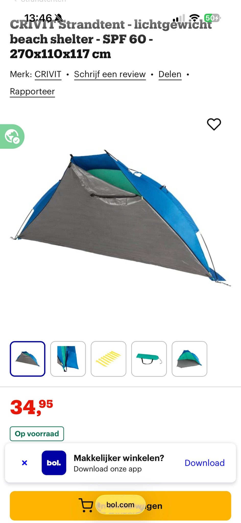 Stevige, winddichte strandtent, waait niet om, Caravans en Kamperen, Ophalen, Zo goed als nieuw, Tot en met 2