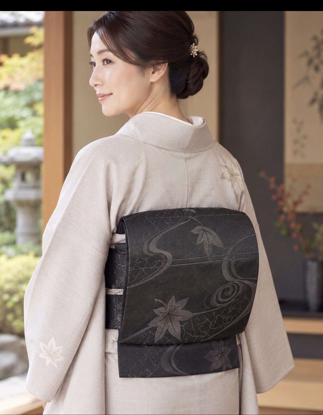Vintage Japanse Nagoya obi – zwart glanzend – momiji & water, Antiek en Kunst, Ophalen of Verzenden