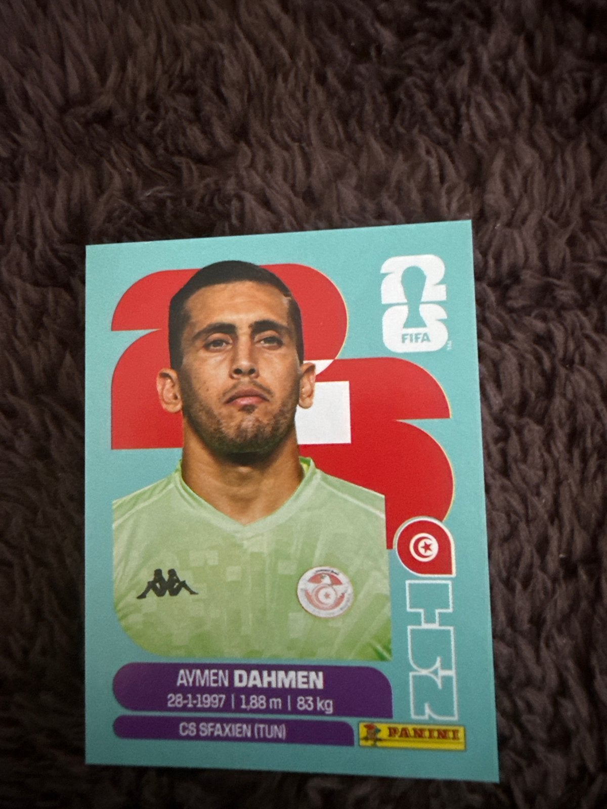 Panini FIFA WK 2022 Spelerskaart Aymen Dahmen Tunesië, Ophalen of Verzenden, Zo goed als nieuw, Buitenlandse clubs, Spelerskaart