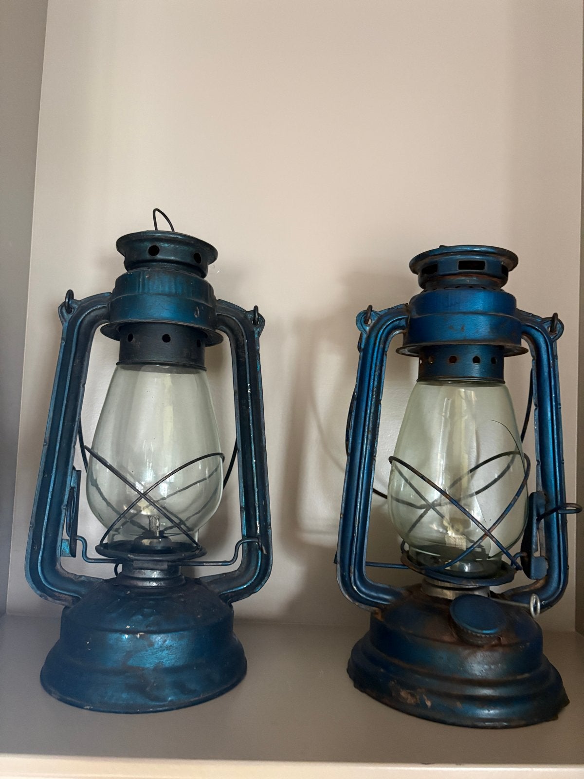 Set van 2 blauwe vintage olielampen, Antiek en Kunst, Antiek | Lampen, Ophalen