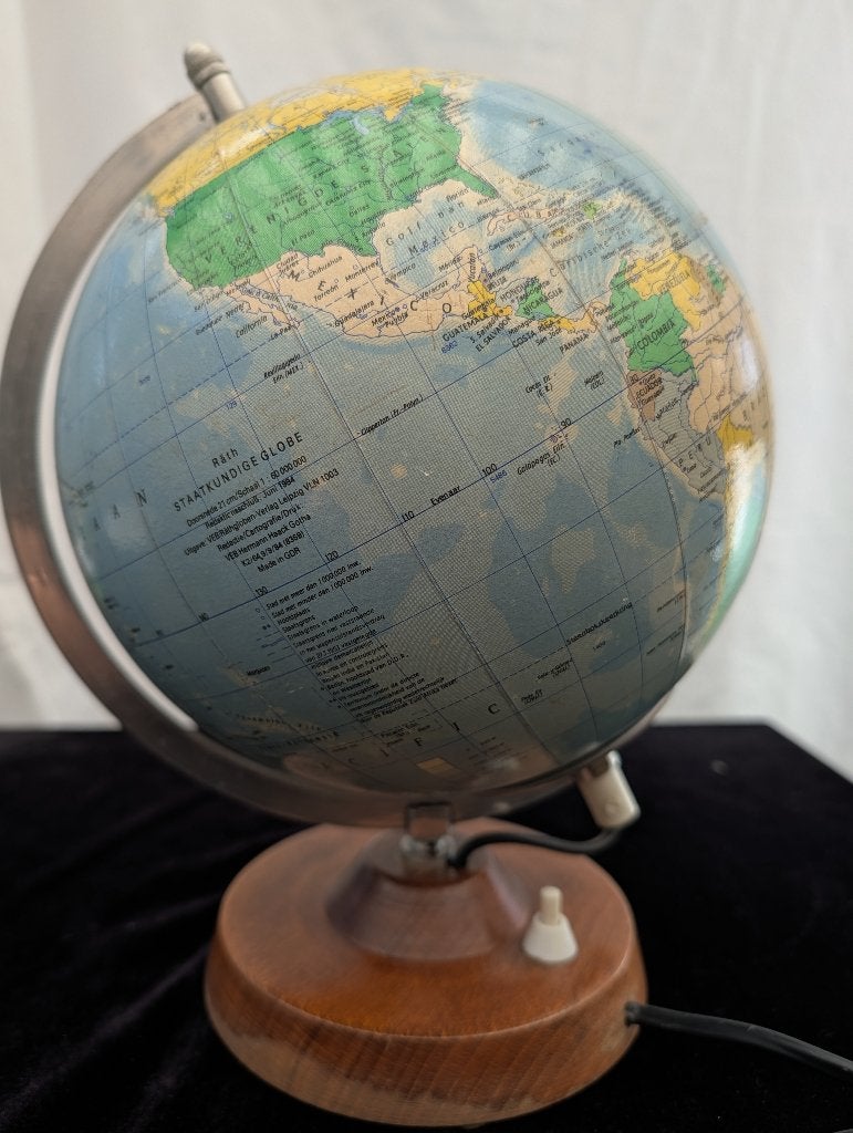 Glazen RAth globe Wereldbol DDR 1984 Houten Voet + verlichte, Ophalen of Verzenden