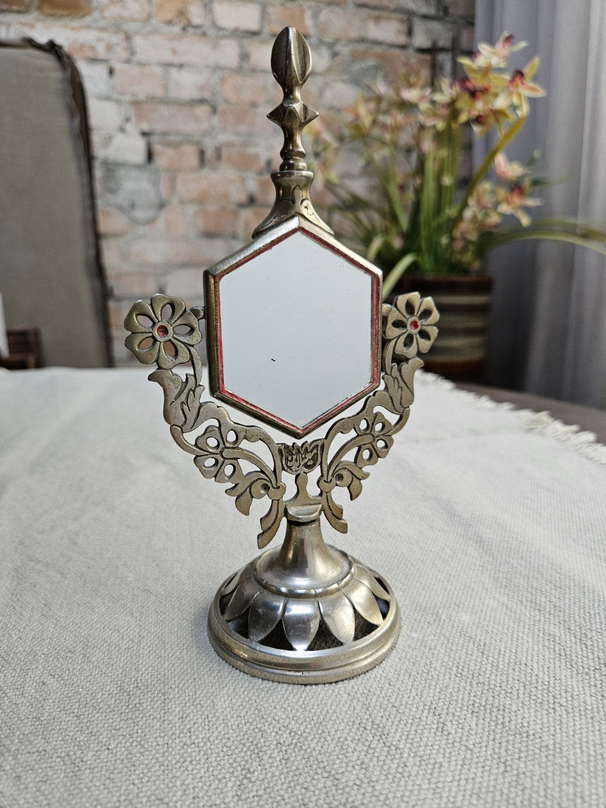 Vintage metalen spiegel met Taj Mahal afbeelding, Antiek en Kunst, Ophalen of Verzenden