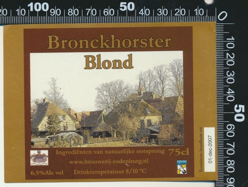 Sticker: Brouwerij Rodenburg - Bronkhorster Blond, Ophalen of Verzenden, Zo goed als nieuw, Bedrijf of Vereniging