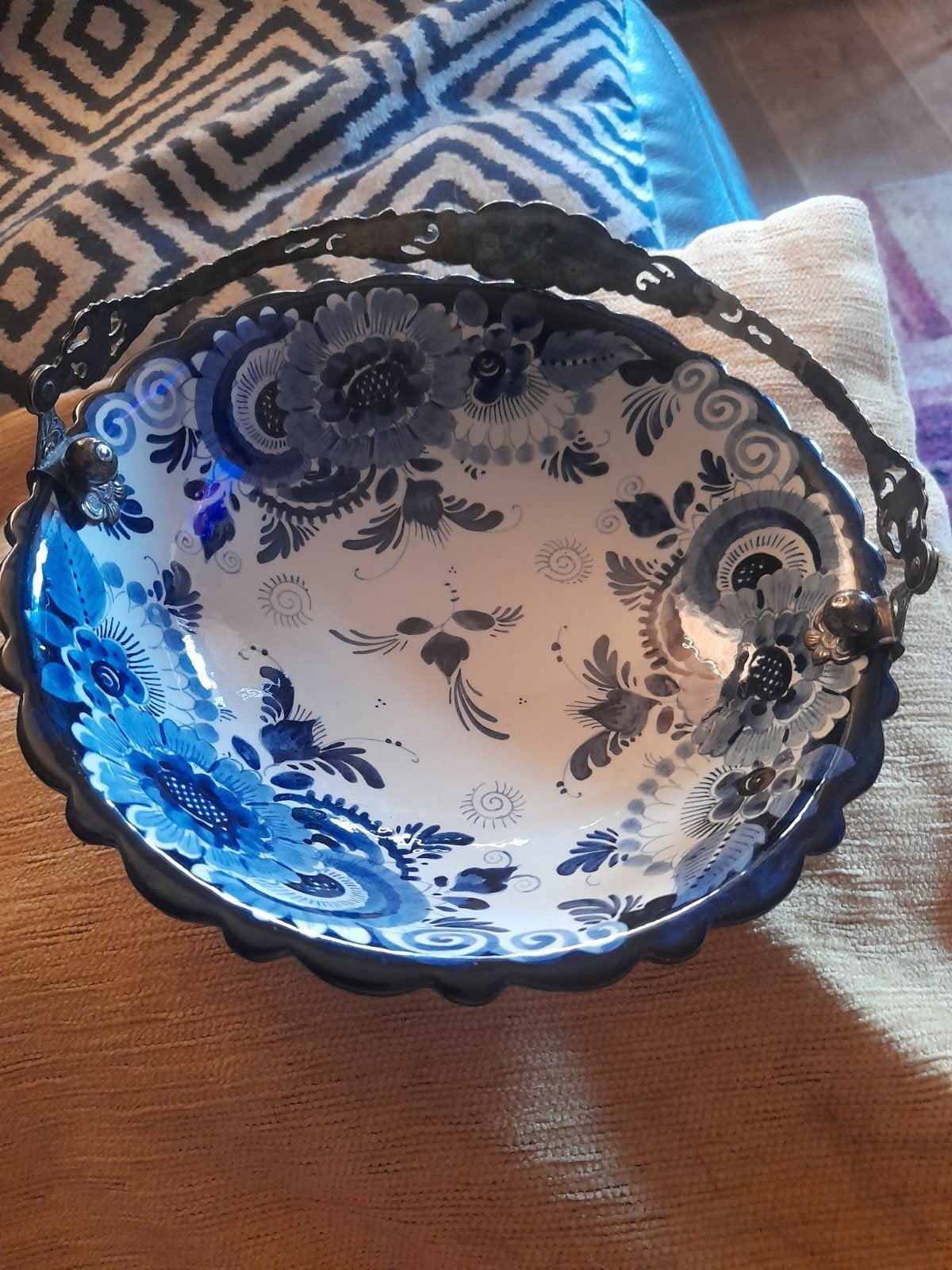 Antieke Delftsblauwe schaal met zilveren hengsel (1920-1947), Ophalen of Verzenden
