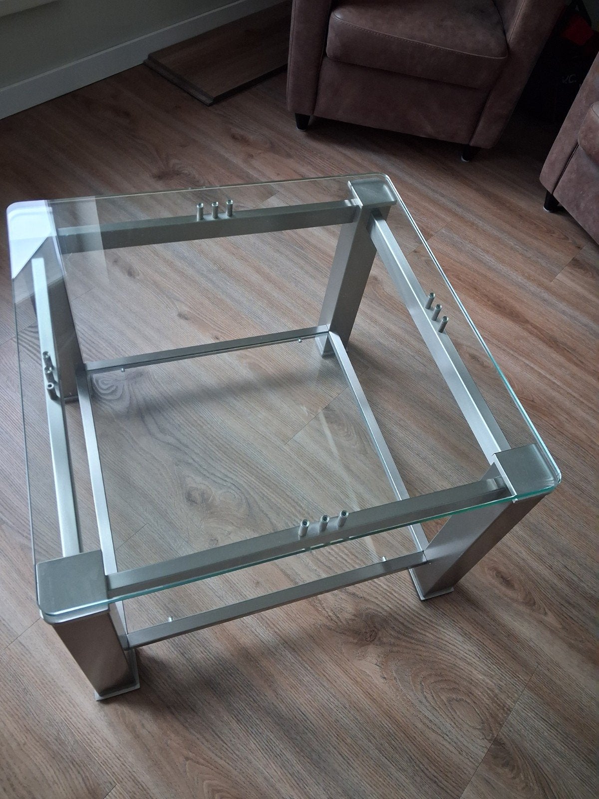 salontafel van rvs met glazen plateau, Ophalen, 50 tot 100 cm, Vierkant, 50 tot 100 cm
