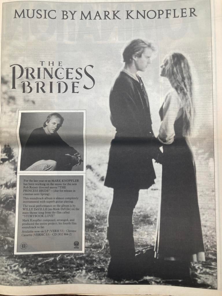 Paginagrote A3 advertentie MARK KNOPFLER Prinses Bride relea, Ophalen of Verzenden, A1 t/m A3