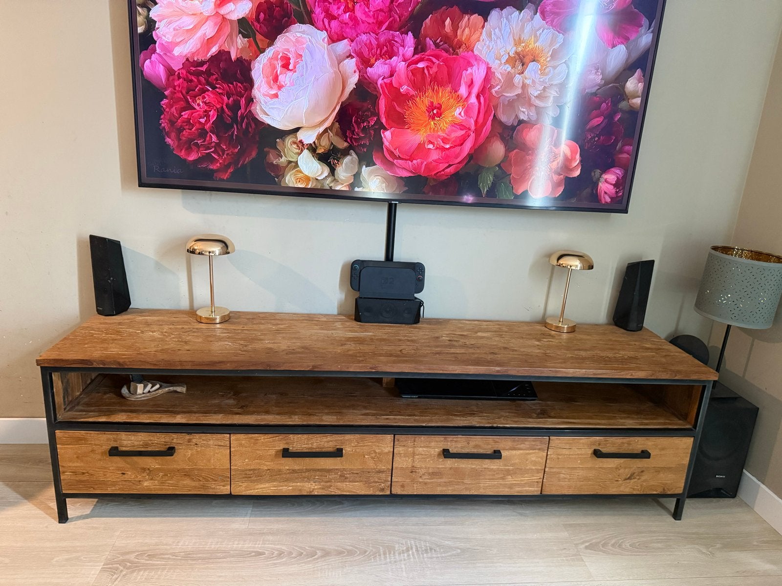 Pronto Wonen Romaro tv-meubel - 200cm teakhout – 4 lades, Ophalen, Gebruikt, 150 tot 200 cm, Teakhout