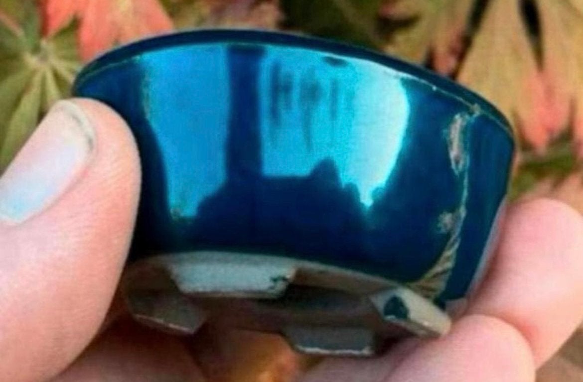 Bonsai Mame potje ovaal blauw geglazuurd Japans 5,7c4,5x2,8, Ophalen of Verzenden, Zo goed als nieuw, Overige vormen, Aardewerk