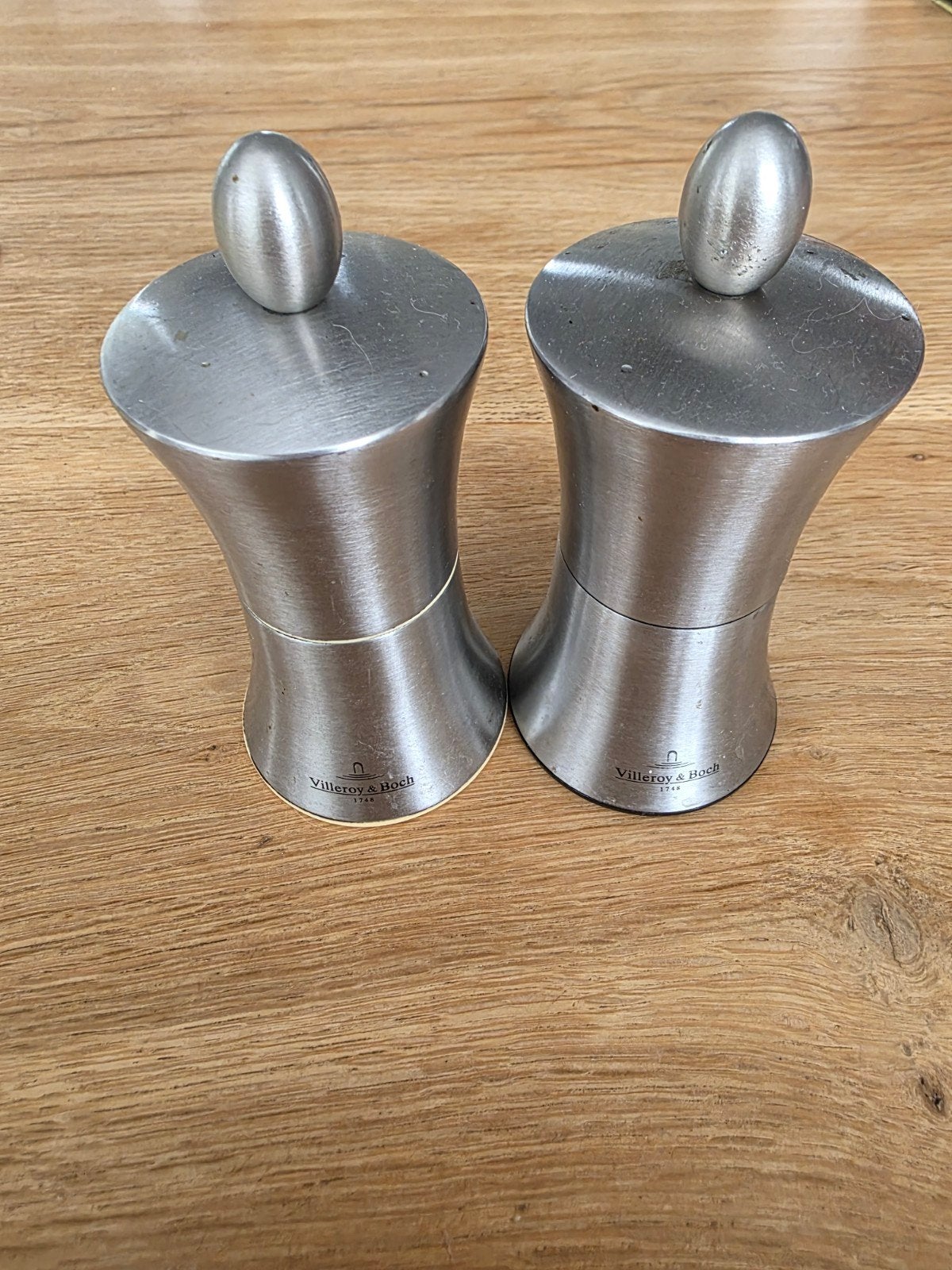 Villeroy & Boch Peper- en Zoutstel Geborsteld Staal, Ophalen, Zilver, Zo goed als nieuw, Metaal